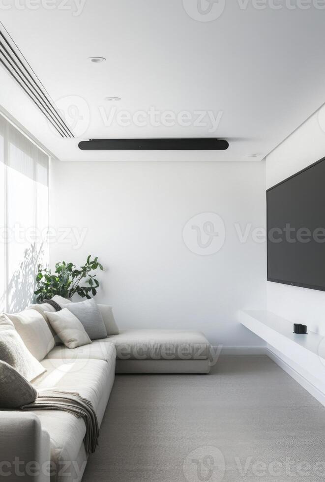 Minimalist media room with a sleek sofa, wall-mounted TV, and minimal decor for a clean aesthetic photo