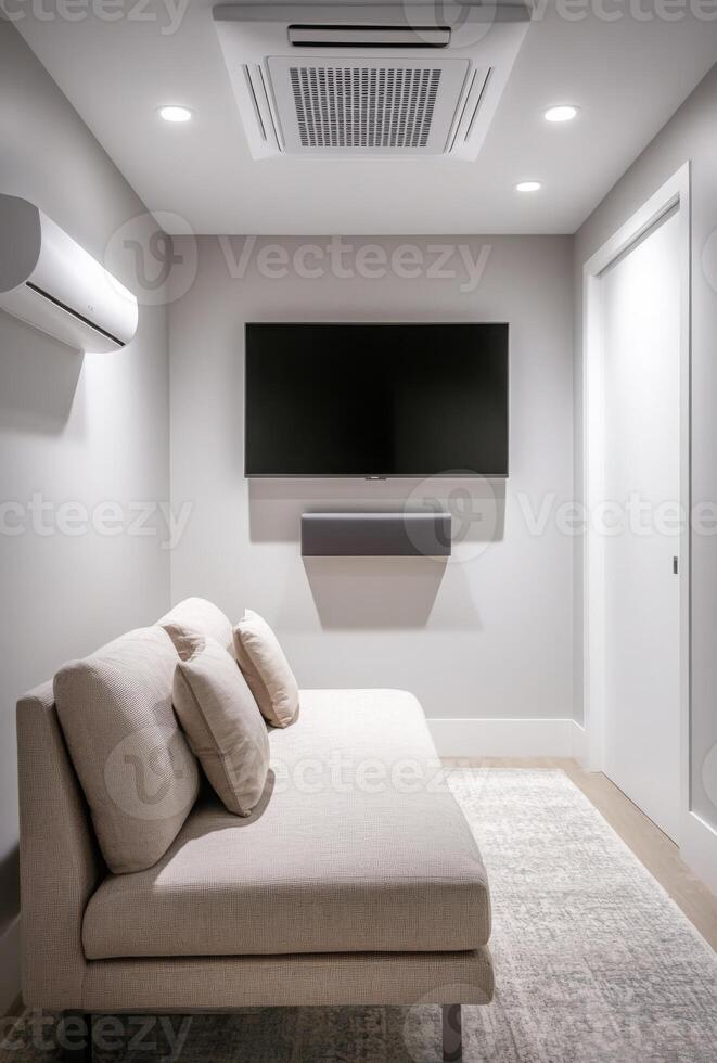 Minimalist media room with a sleek sofa, wall-mounted TV, and minimal decor for a clean aesthetic photo