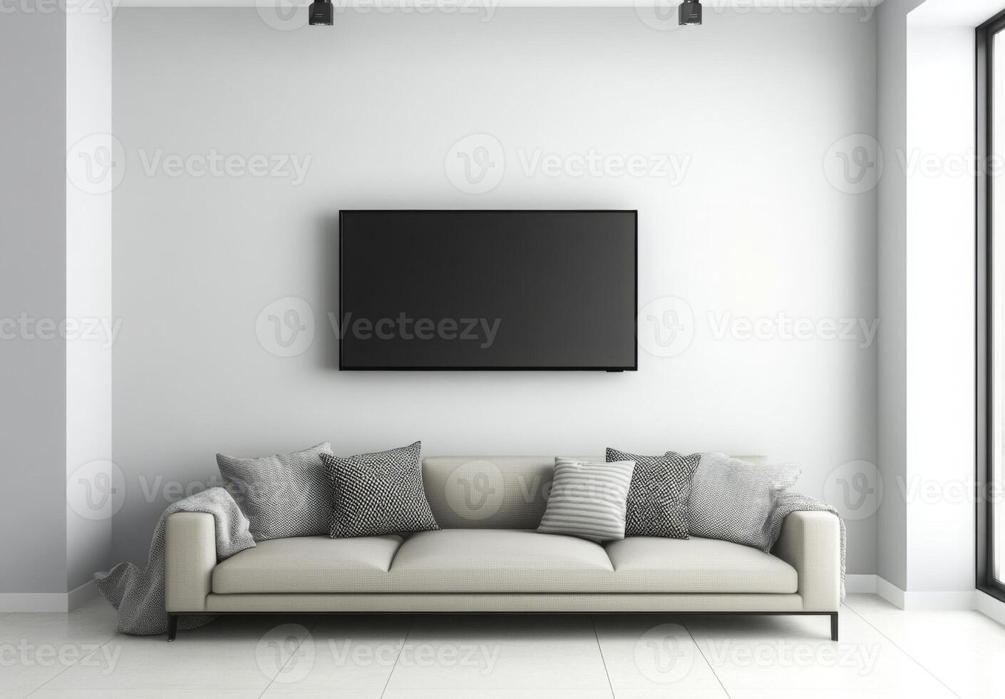 Minimalist media room with a sleek sofa, wall-mounted TV, and minimal decor for a clean aesthetic photo