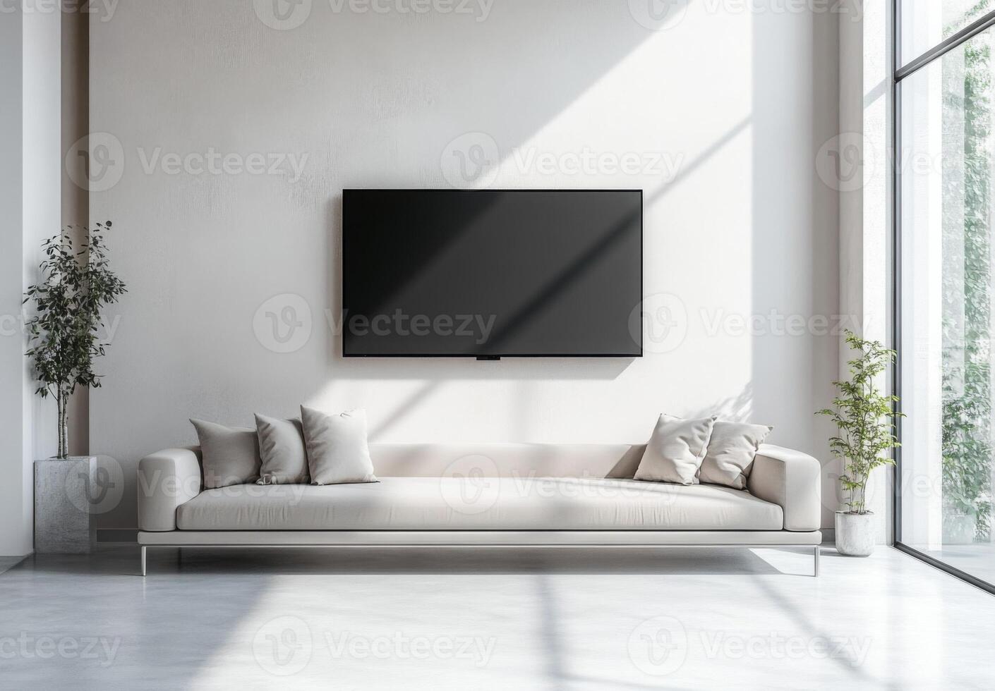 Minimalist media room with a sleek sofa, wall-mounted TV, and minimal decor for a clean aesthetic photo