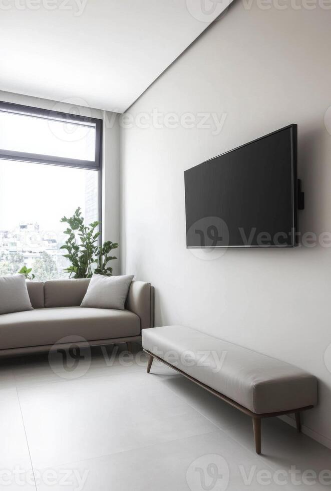 Minimalist media room with a sleek sofa, wall-mounted TV, and minimal decor for a clean aesthetic photo