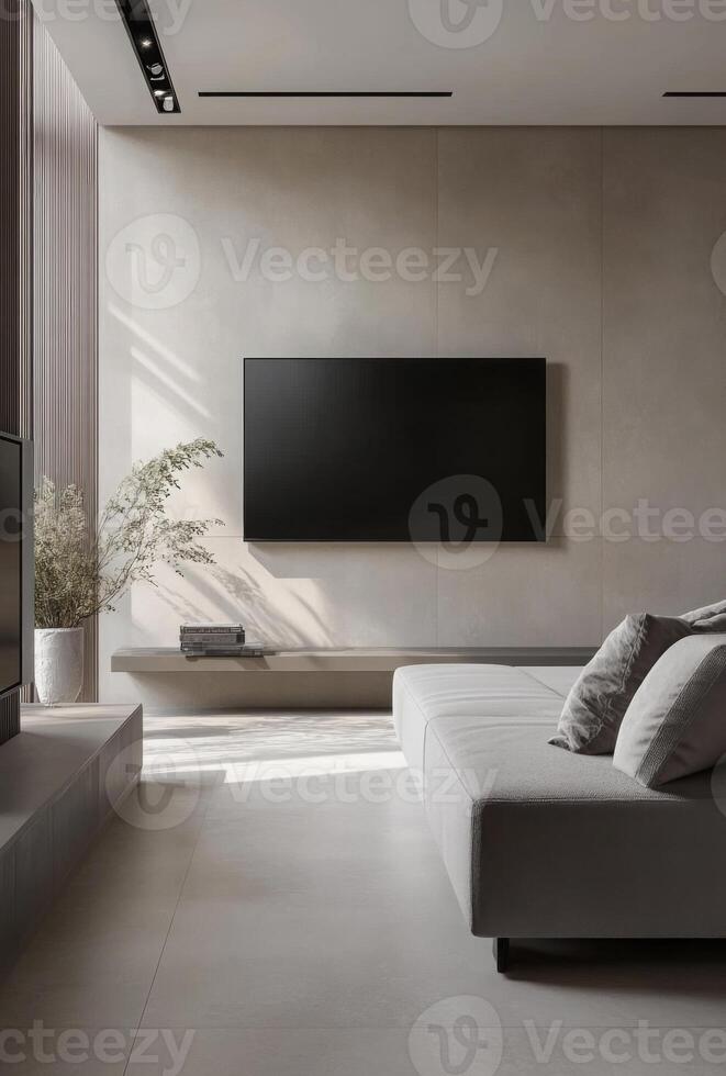 Minimalist media room with a sleek sofa, wall-mounted TV, and minimal decor for a clean aesthetic photo