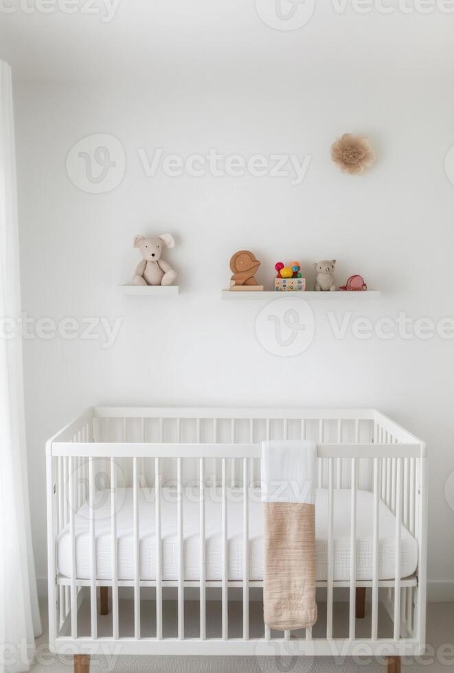 Minimalist nursery with clean white walls, a simple crib, and a small shelf with toys neatly arranged photo