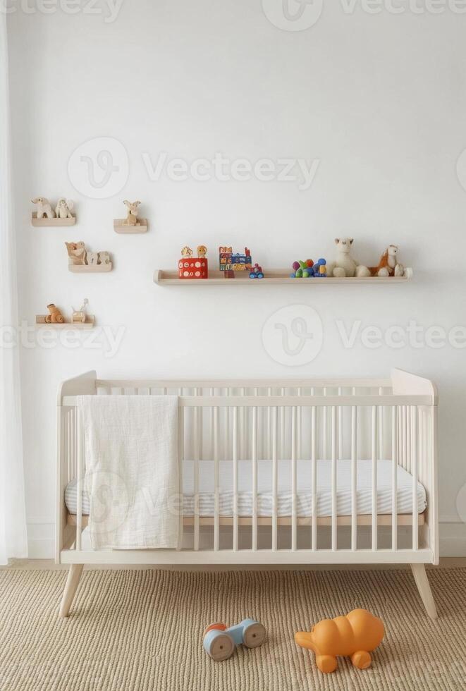 Minimalist nursery with clean white walls, a simple crib, and a small shelf with toys neatly arranged photo