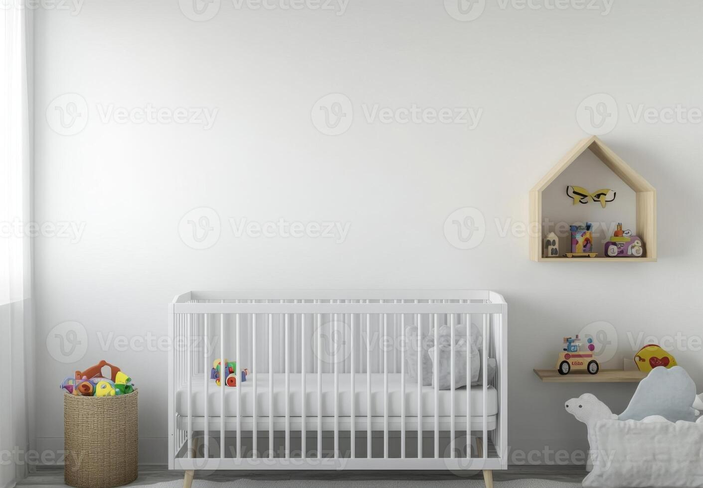 Minimalist nursery with clean white walls, a simple crib, and a small shelf with toys neatly arranged photo