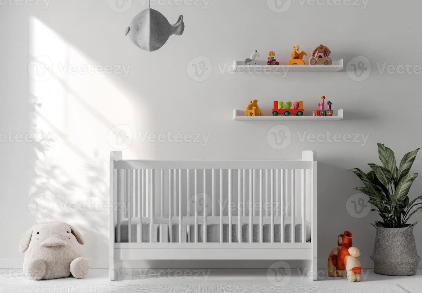 Minimalist nursery with clean white walls, a simple crib, and a small shelf with toys neatly arranged photo