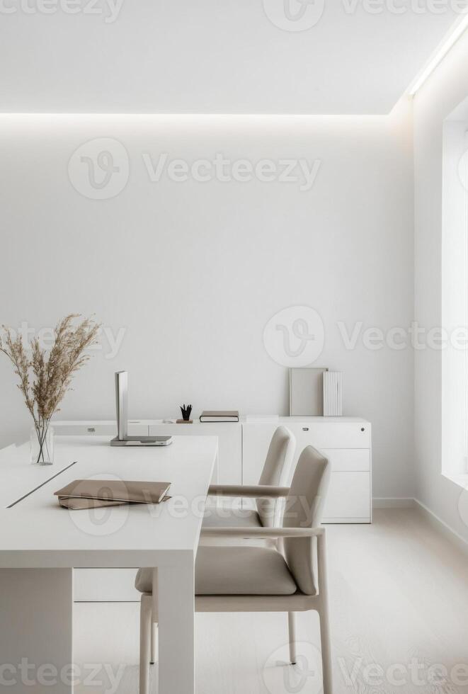 Minimalist office space with white walls, a sleek desk, and minimal decor to maintain focus and productivity photo
