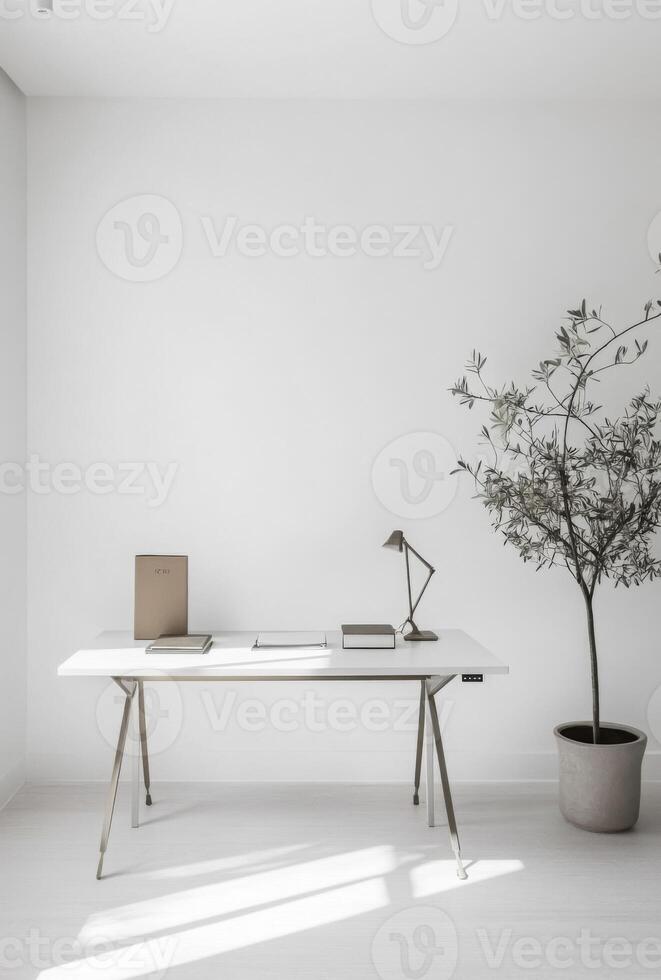 Minimalist office space with white walls, a sleek desk, and minimal decor to maintain focus and productivity photo