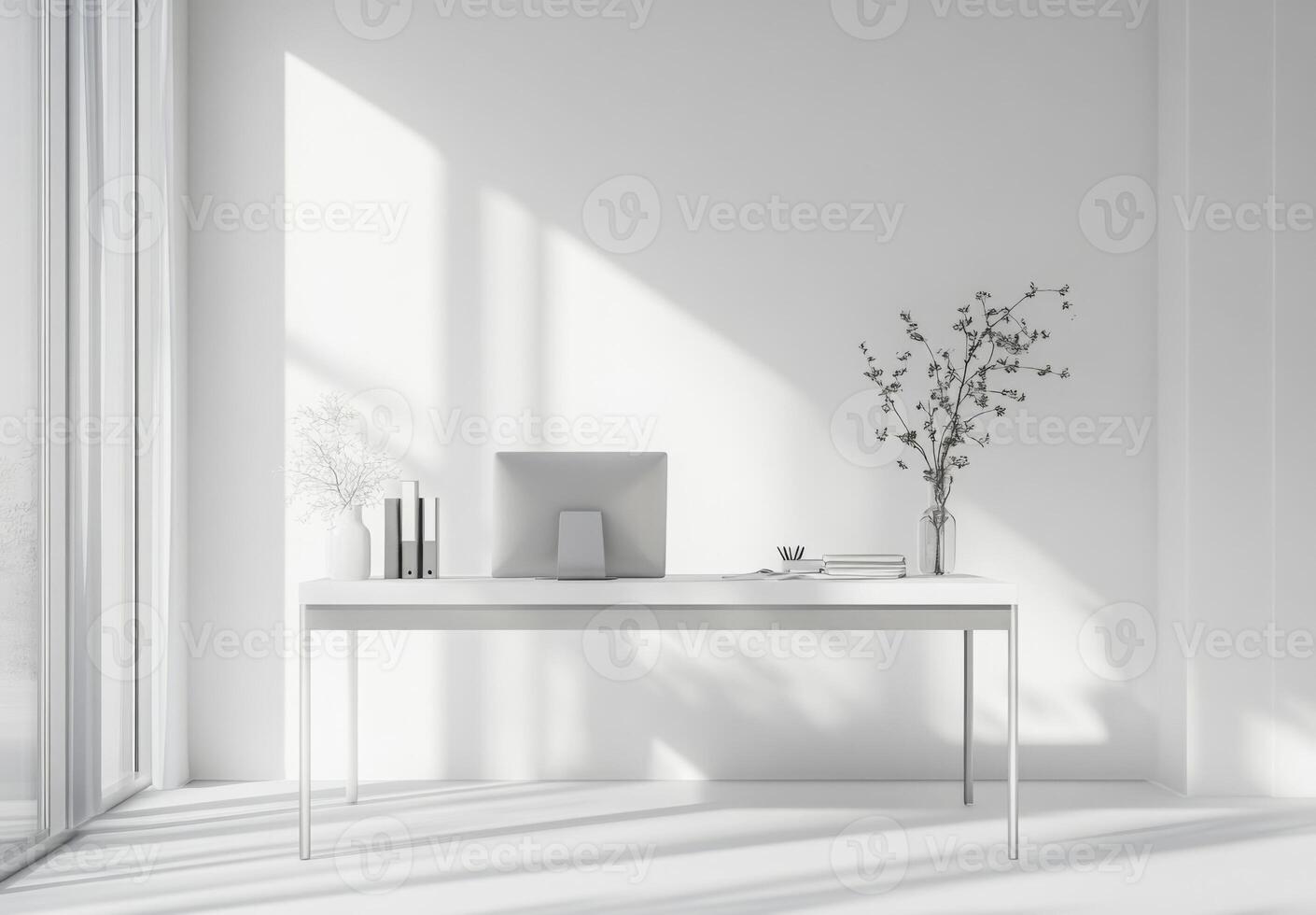 Minimalist office space with white walls, a sleek desk, and minimal decor to maintain focus and productivity photo