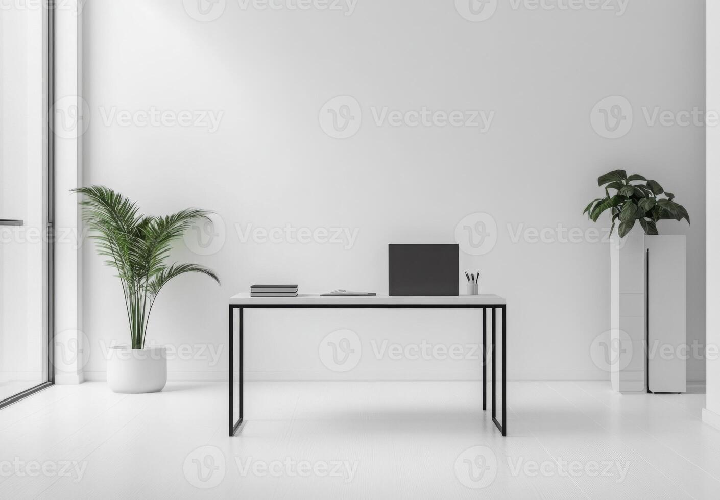 Minimalist office space with white walls, a sleek desk, and minimal decor to maintain focus and productivity photo