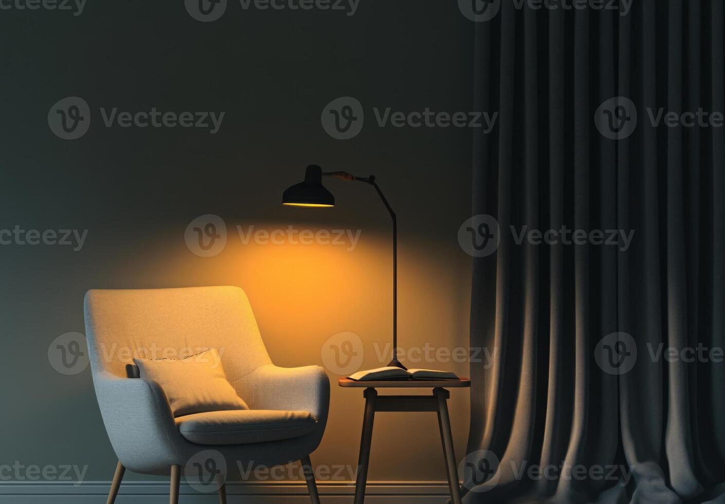 Minimalist reading nook with a simple chair, small table, and a single lamp providing cozy lighting photo