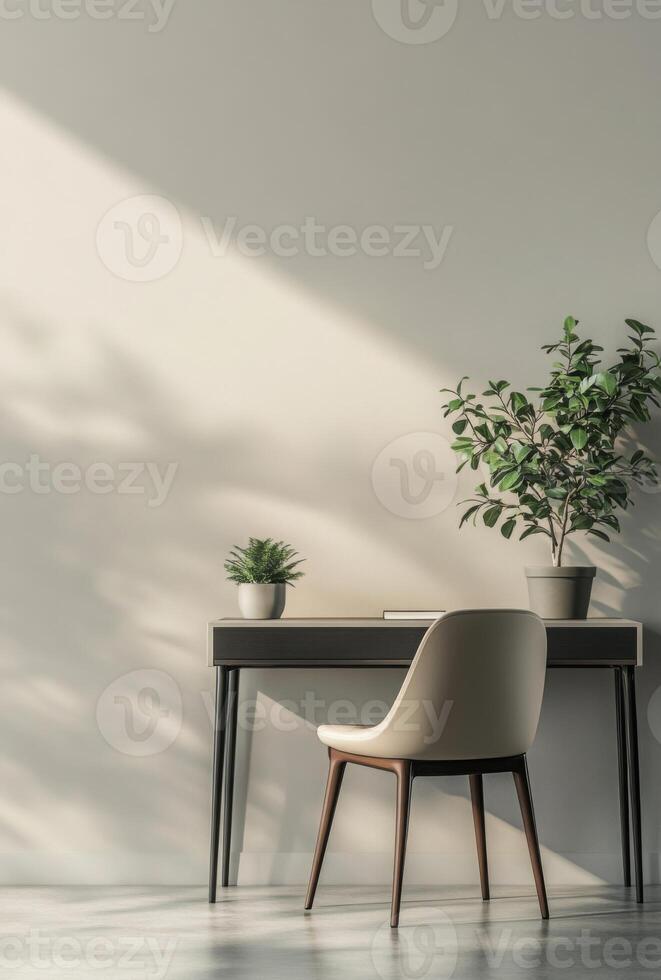 Minimalist workspace with a sleek desk, chair, and a simple plant adding a touch of greenery photo