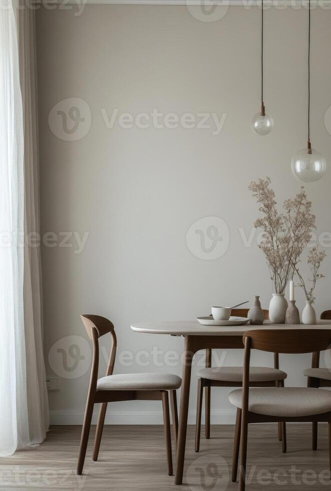 Minimalist dining area with a simple table and chairs, neutral tones, and minimal decor photo