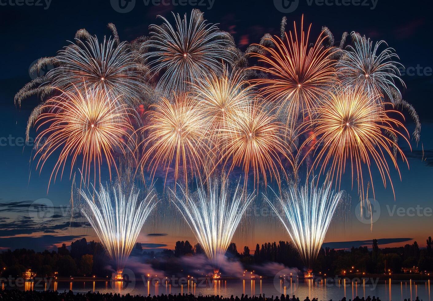 A spectacular finale of fireworks, with layers of colors and light filling the sky over a lake photo