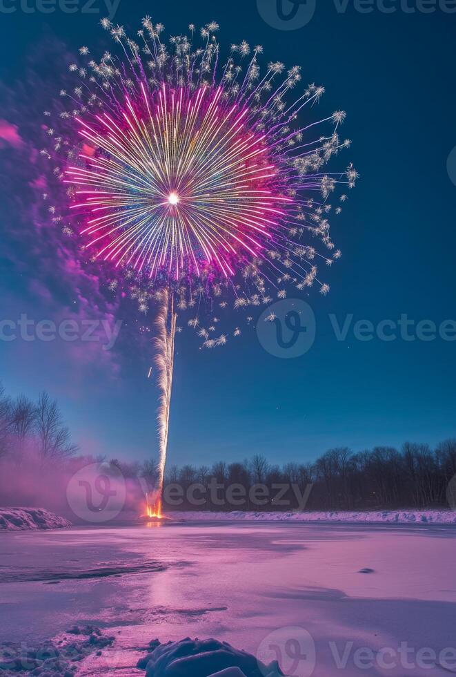 A vibrant fireworks display over a snowy landscape, creating contrast with the cold, dark surroundings photo