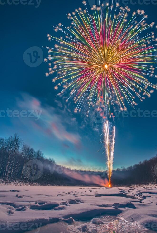 A vibrant fireworks display over a snowy landscape, creating contrast with the cold, dark surroundings photo