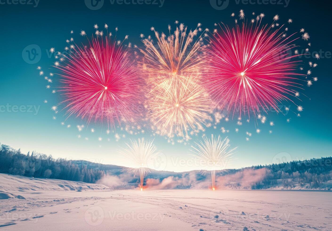 A vibrant fireworks display over a snowy landscape, creating contrast with the cold, dark surroundings photo