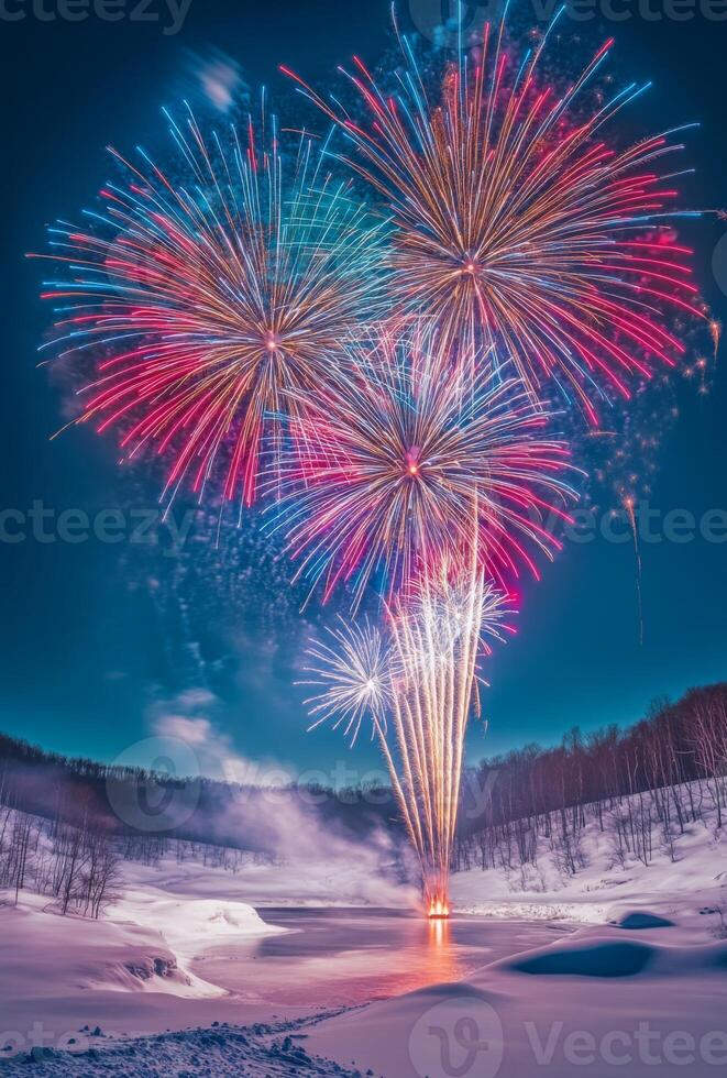 A vibrant fireworks display over a snowy landscape, creating contrast with the cold, dark surroundings photo