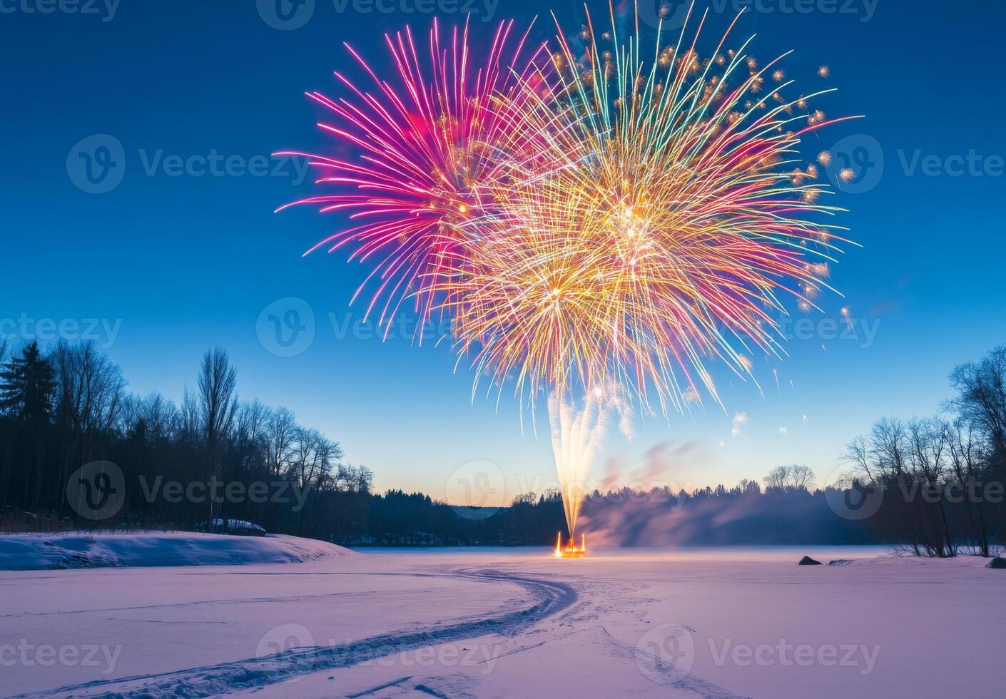 A vibrant fireworks display over a snowy landscape, creating contrast with the cold, dark surroundings photo