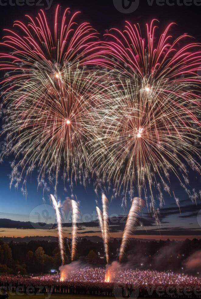 Colorful fireworks lighting up the sky with large bursts, silhouetting a cheering crowd below photo
