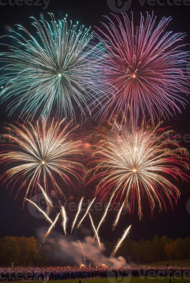 Colorful fireworks lighting up the sky with large bursts, silhouetting a cheering crowd below photo