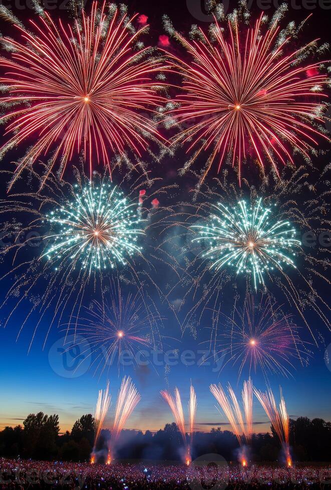 Colorful fireworks lighting up the sky with large bursts, silhouetting a cheering crowd below photo