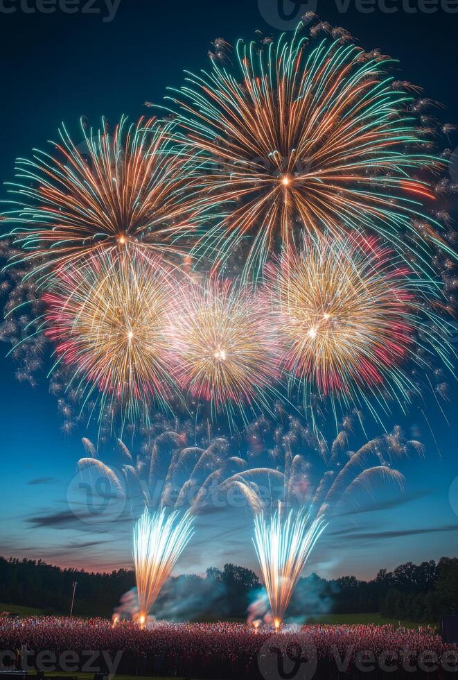 Colorful fireworks lighting up the sky with large bursts, silhouetting a cheering crowd below photo