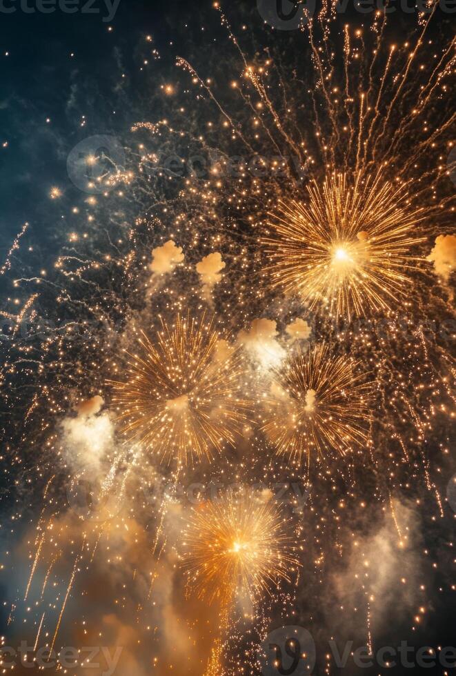 Fireworks bursting in the sky above a festive celebration, with shimmering sparks falling gracefully photo