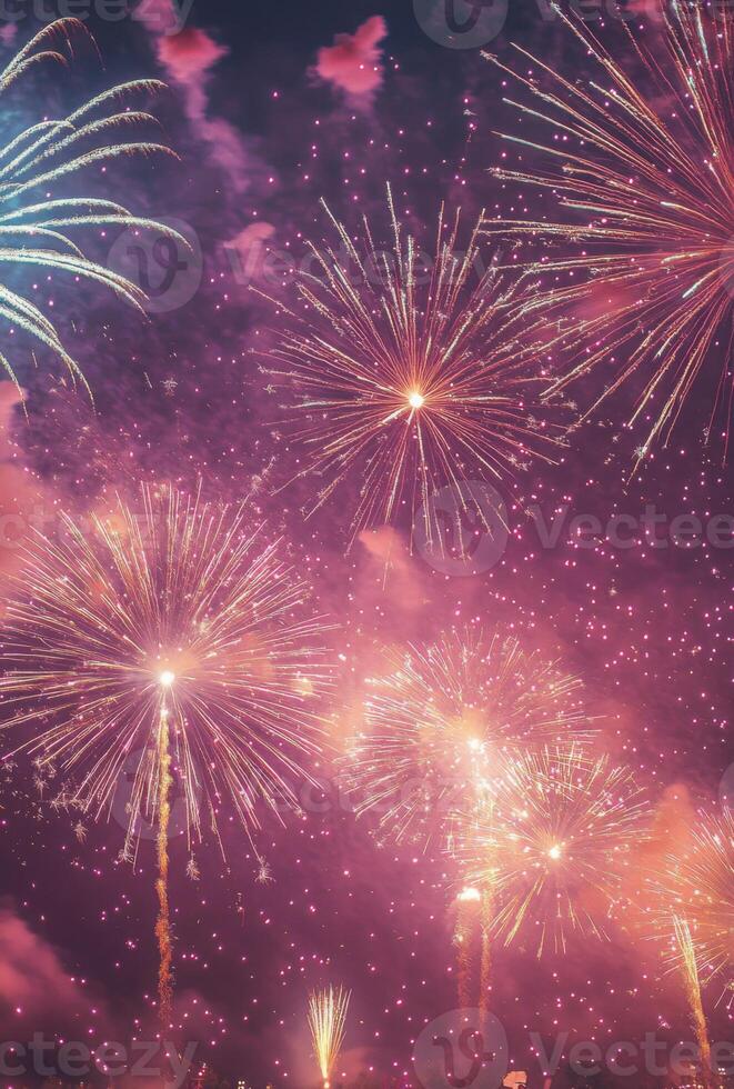 Fireworks bursting in the sky above a festive celebration, with shimmering sparks falling gracefully photo