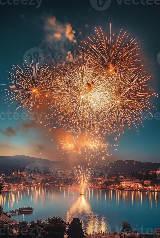 Fireworks bursting in the sky above a festive celebration, with shimmering sparks falling gracefully photo