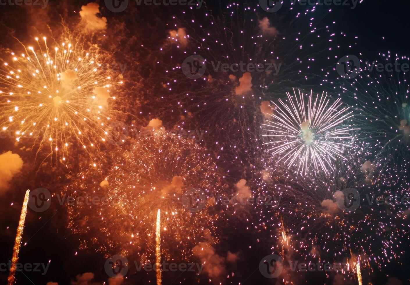 Fireworks bursting in the sky above a festive celebration, with shimmering sparks falling gracefully photo