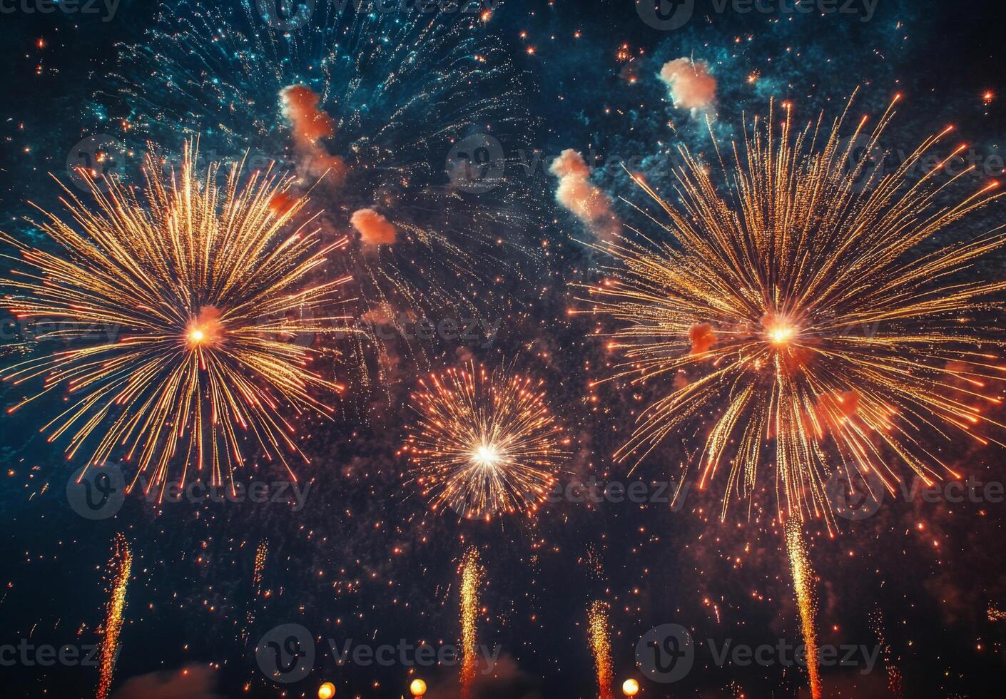 Fireworks bursting in the sky above a festive celebration, with shimmering sparks falling gracefully photo