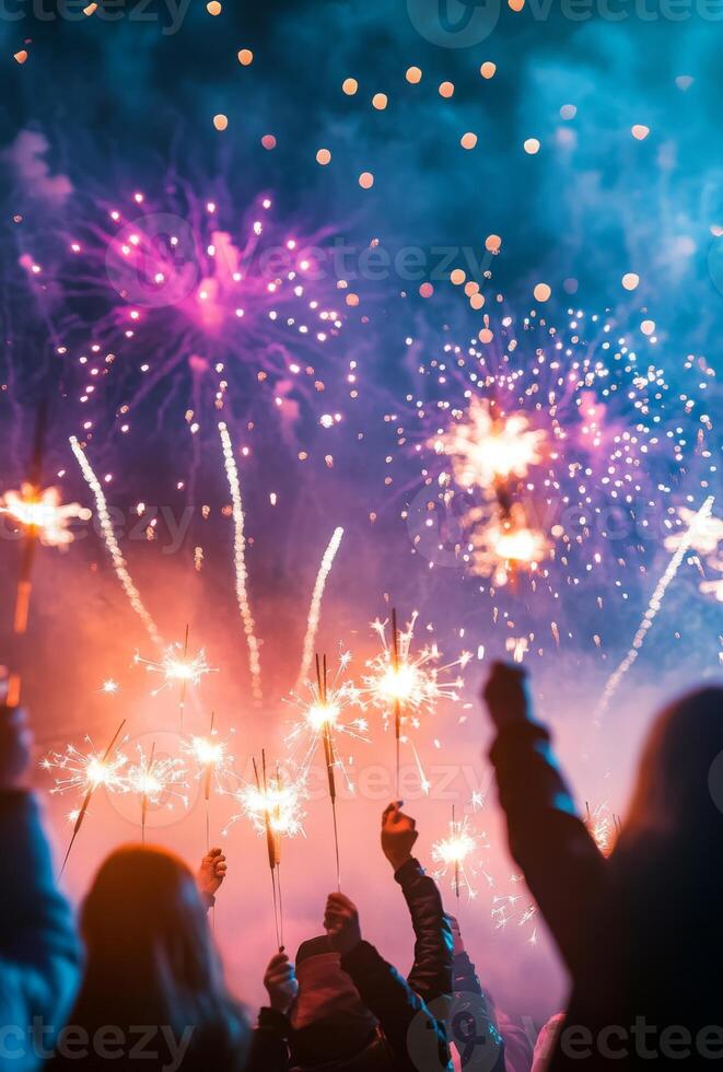 Fireworks illuminating a festive scene, with people holding sparklers in the foreground, celebrating the New Year photo