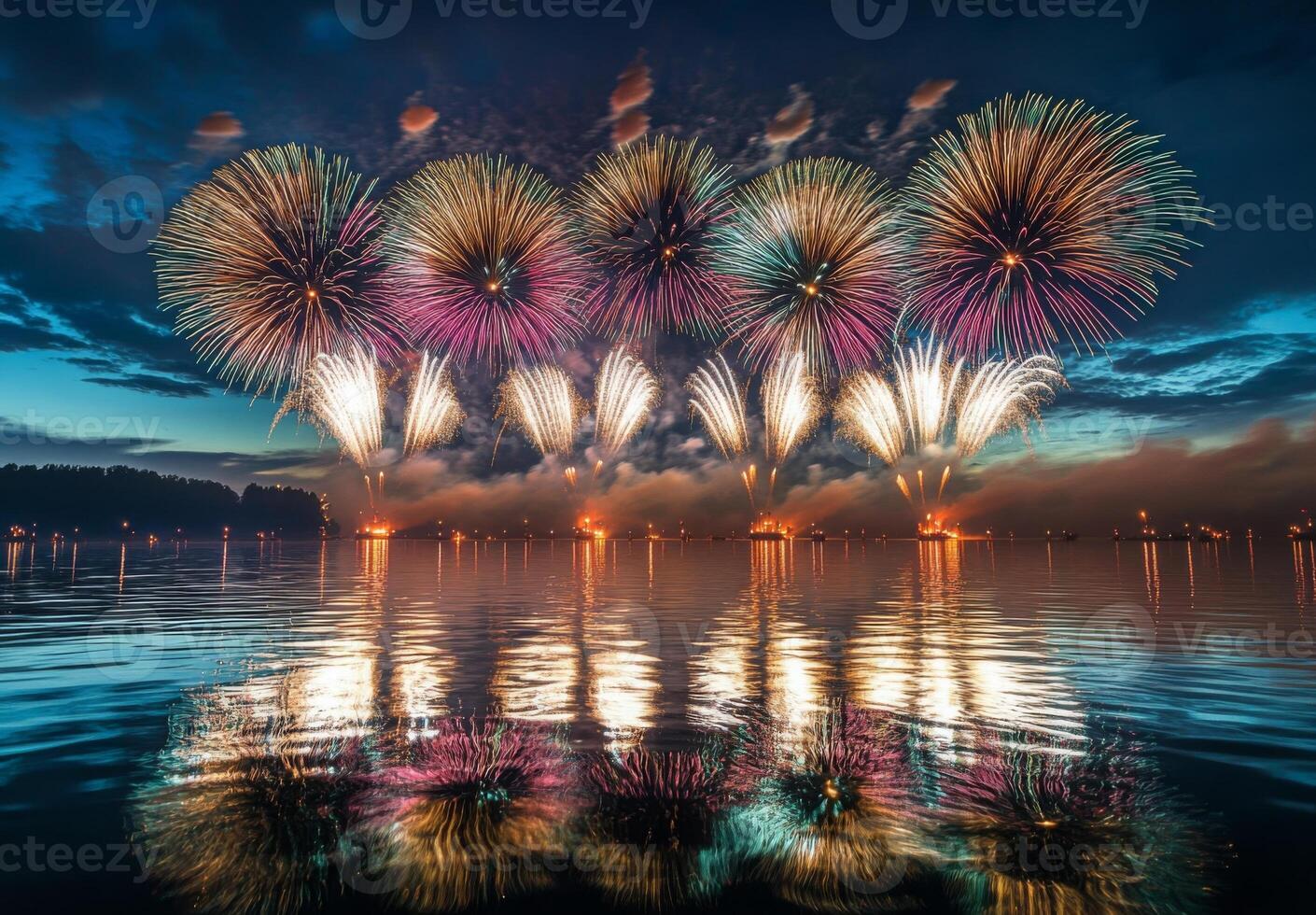 Fireworks reflecting on the water as they explode in the sky, creating a mirror effect with vibrant colors photo