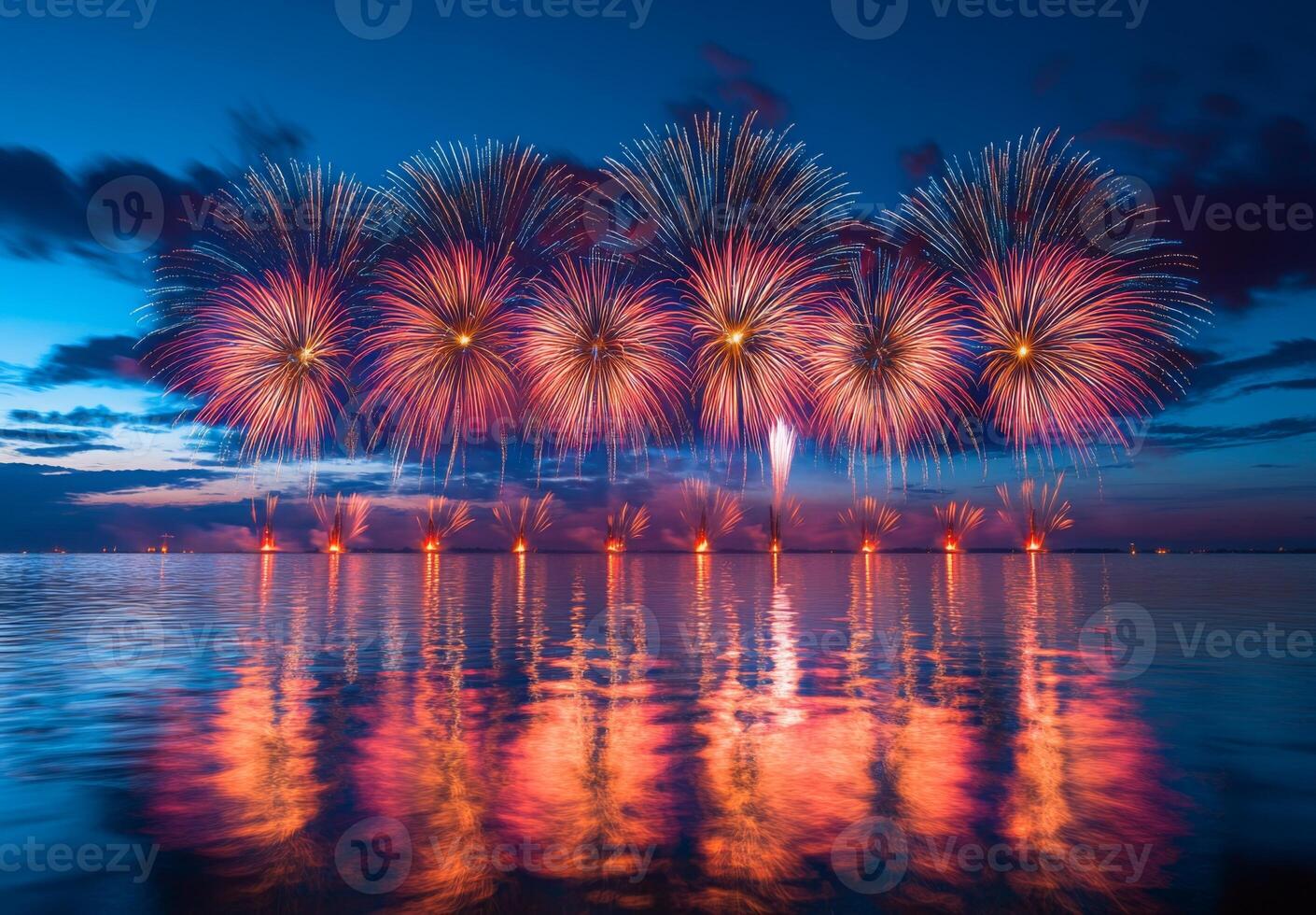 Fireworks reflecting on the water as they explode in the sky, creating a mirror effect with vibrant colors photo