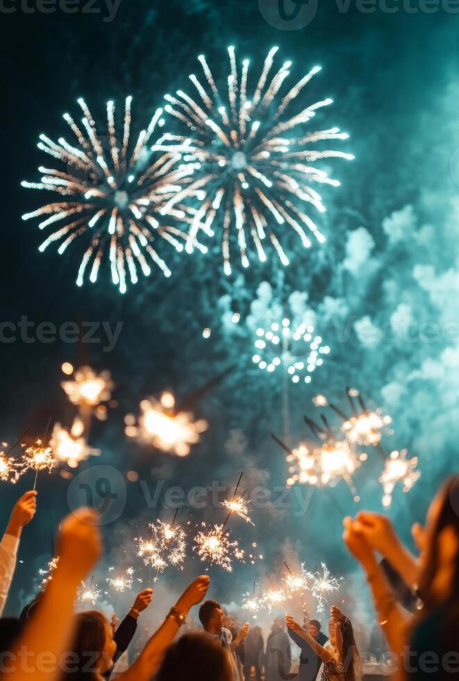 Fireworks illuminating a festive scene, with people holding sparklers in the foreground, celebrating the New Year photo