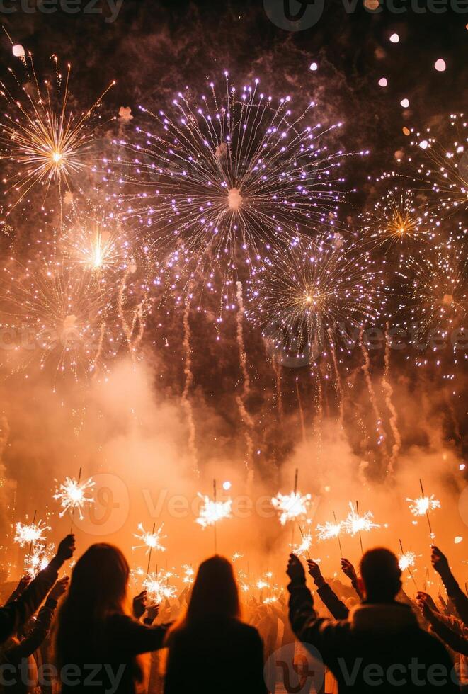 Fireworks illuminating a festive scene, with people holding sparklers in the foreground, celebrating the New Year photo
