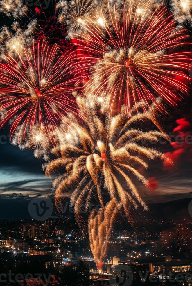 Golden and red fireworks spreading across the sky, with city lights twinkling in the background photo