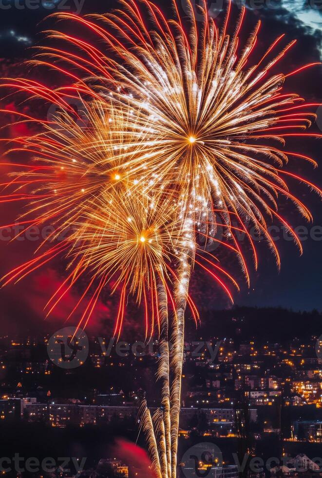 Golden and red fireworks spreading across the sky, with city lights twinkling in the background photo