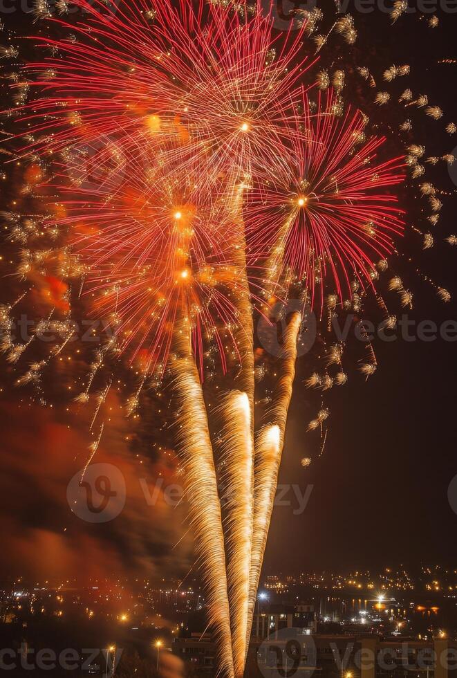 Golden and red fireworks spreading across the sky, with city lights twinkling in the background photo