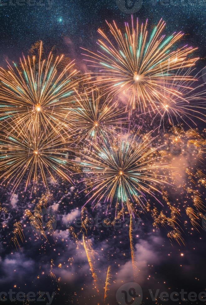A panoramic view of fireworks with sparkling colors, creating a festive atmosphere against a starry night photo