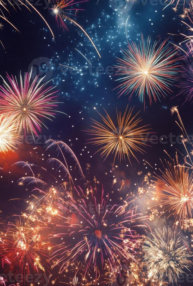 A panoramic view of fireworks with sparkling colors, creating a festive atmosphere against a starry night photo