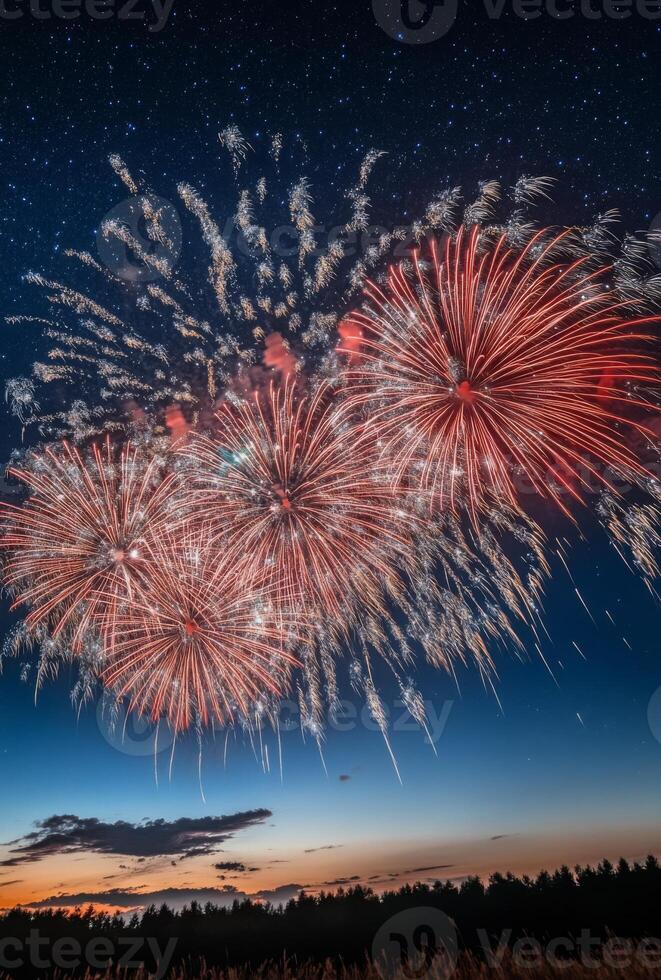A panoramic view of fireworks with sparkling colors, creating a festive atmosphere against a starry night photo