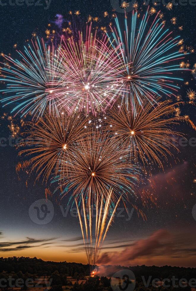 A panoramic view of fireworks with sparkling colors, creating a festive atmosphere against a starry night photo