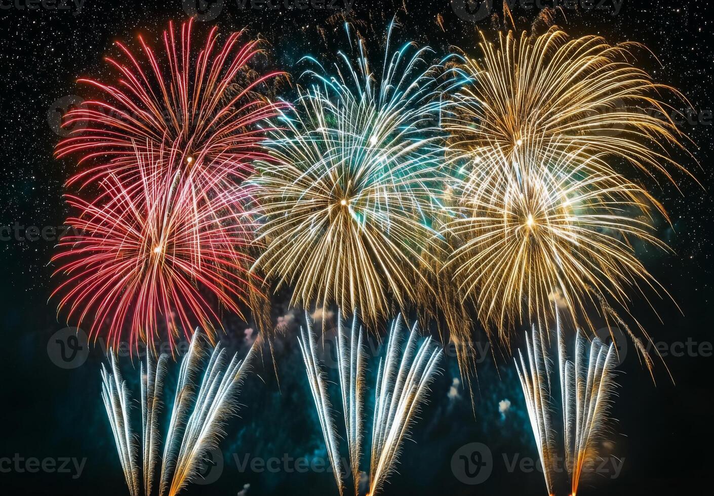 A panoramic view of fireworks with sparkling colors, creating a festive atmosphere against a starry night photo