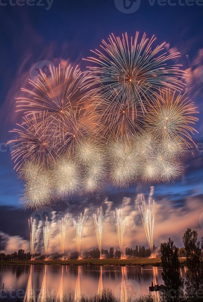 A spectacular finale of fireworks, with layers of colors and light filling the sky over a lake photo