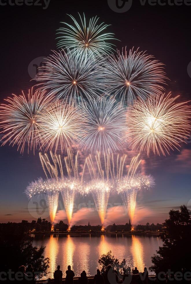 A spectacular finale of fireworks, with layers of colors and light filling the sky over a lake photo