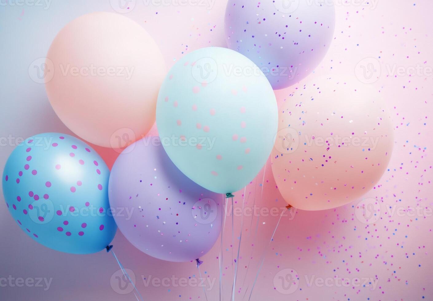 Soft pastel balloons on the left side, with delicate confetti sprinkled throughout, leaving a spacious area on the right for design photo