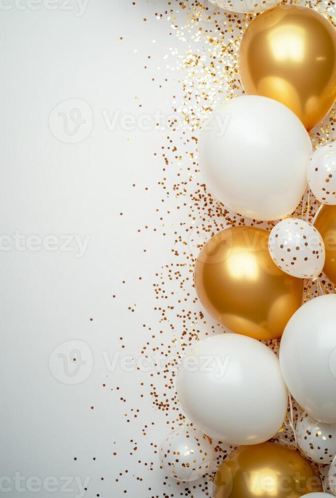 Elegant gold and white balloons on the right, surrounded by shimmering confetti, with a clean, free space on the left for text photo