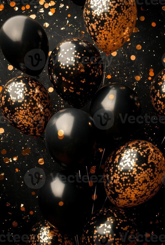 Elegant black and gold balloons with matching confetti, creating a sophisticated party vibe with open space in the center photo